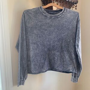 Women's Acid Wash Gray‎ Crew Neck Cotton Long Sleeve Crop Top Sweatshirt Size M